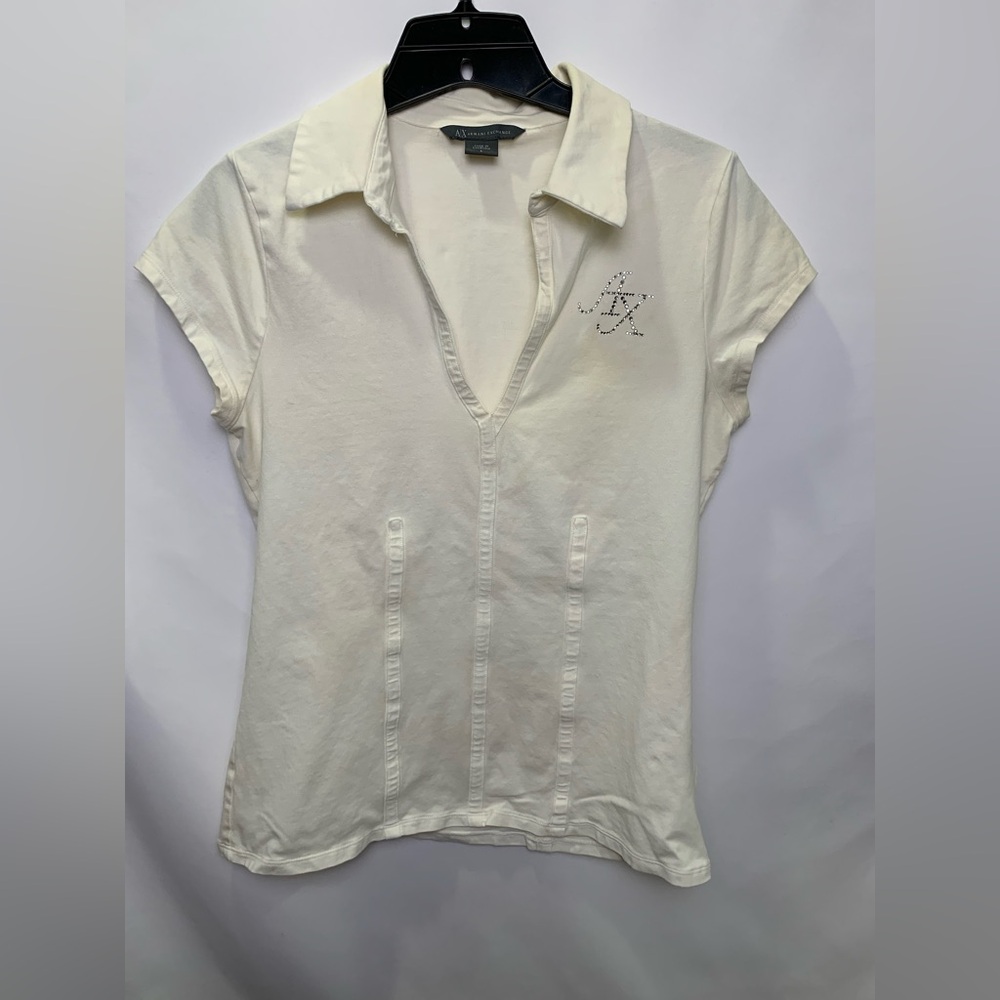 Armani Exchange Rhinestone Logo Women's White Top Lg